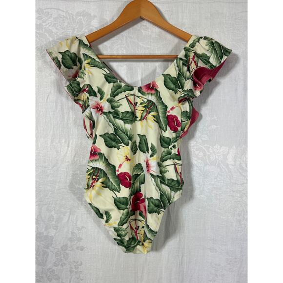 Janie Jack Swim Suit 12 One Piece Yellow Green Pink Floral Ruffle Sleeves - Picture 4 of 6